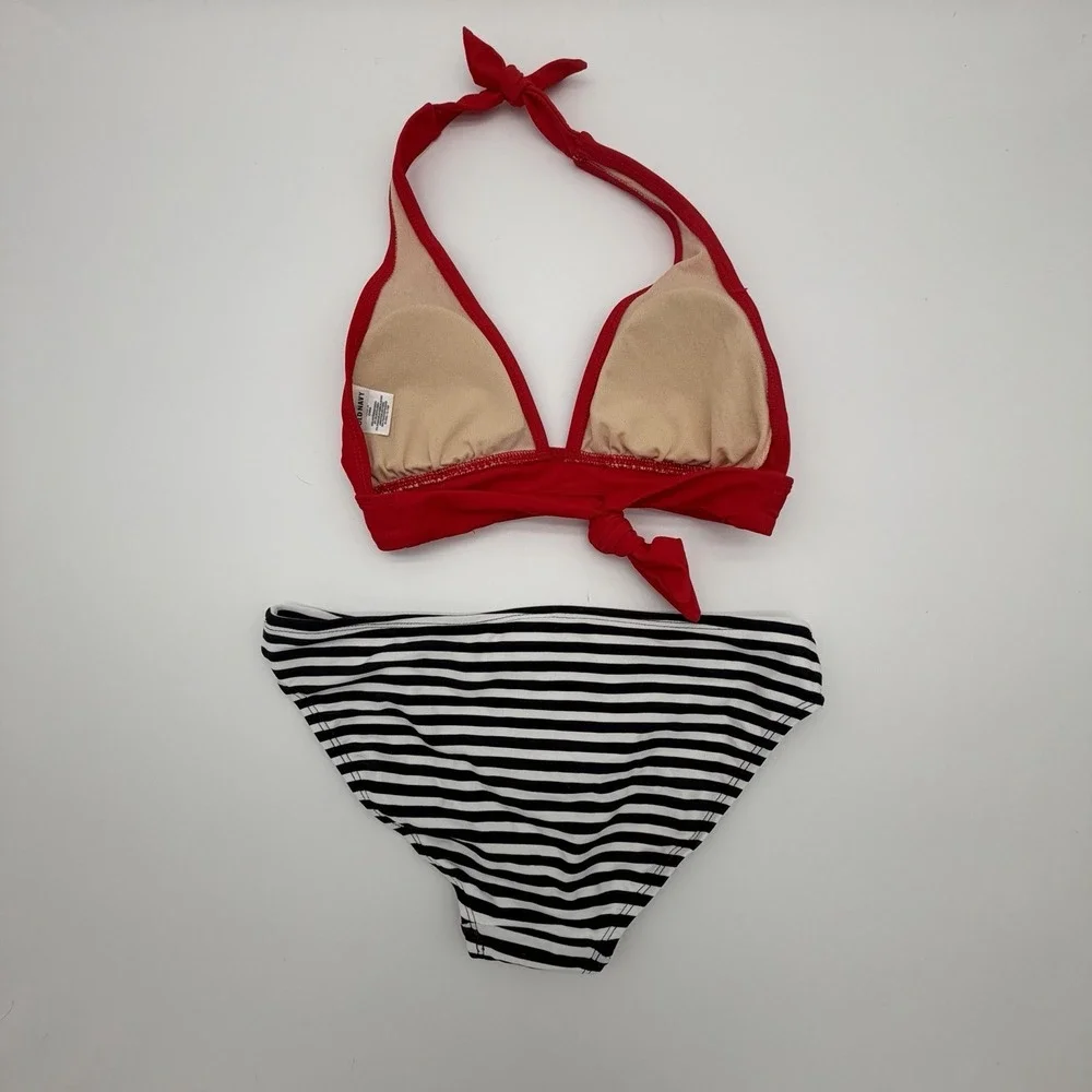 Red Halter Top,‎ Black Stripe Bottom Swimsuit-XS-Beach-Pool-Resort-Retro-NWOT